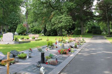 weitläufige Ansicht des Betzdorfer Friedhofs, Gräber säumen einen Weg, im Hintergrund grüne Bäume